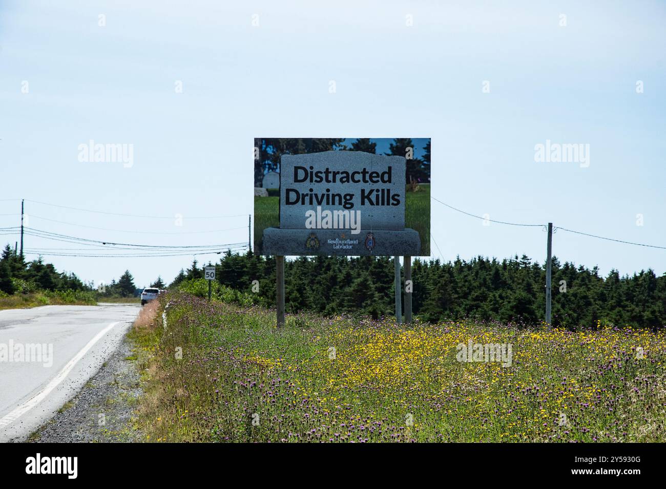 Schild für abgelenkte Fahrten auf der NL 100 in Argentia, Placentia, Neufundland & Labrador, Kanada Stockfoto