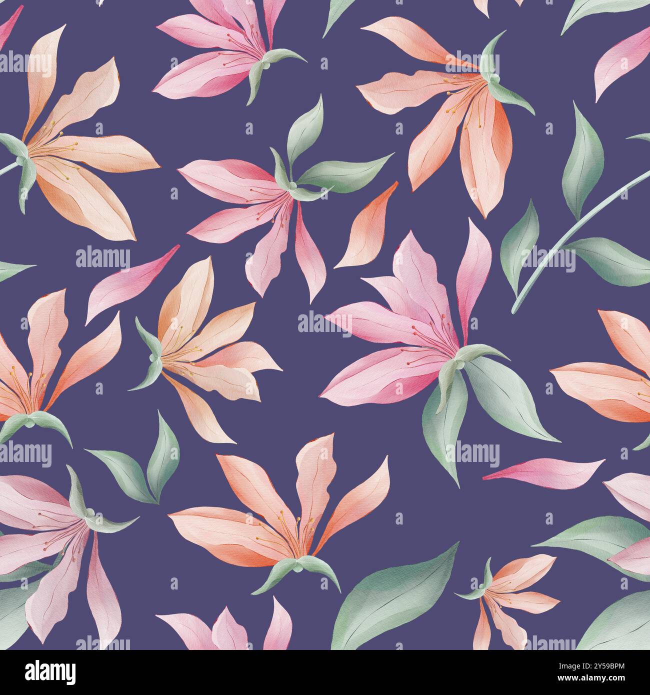 Magnolie Blumen und Blätter auf dunkelviolettem Hintergrund Aquarellmalerei, nahtloses Wiederholungsmuster Stockfoto