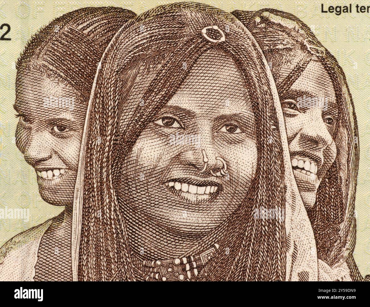 Drei junge Frauen auf 10-Nakfa-1997-Banknote aus Eritrea Stockfoto