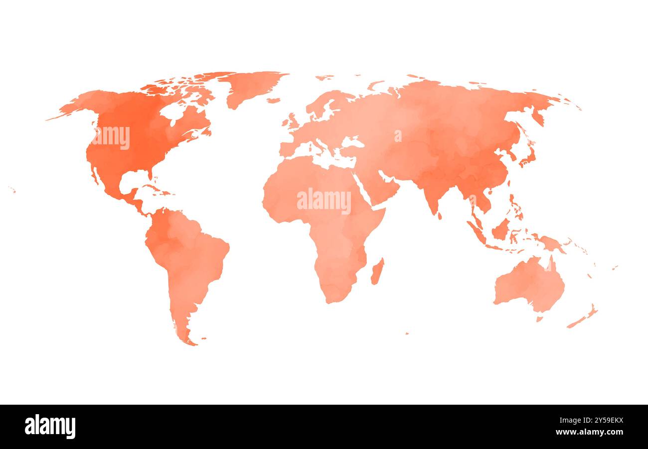 Eine farbenfrohe Weltkarte zeigt eine Aquarellstruktur in warmen Orangetönen und bietet eine kreative Darstellung der globalen Geografie mit einem weichen, künstlerischen Touch. Stock Vektor