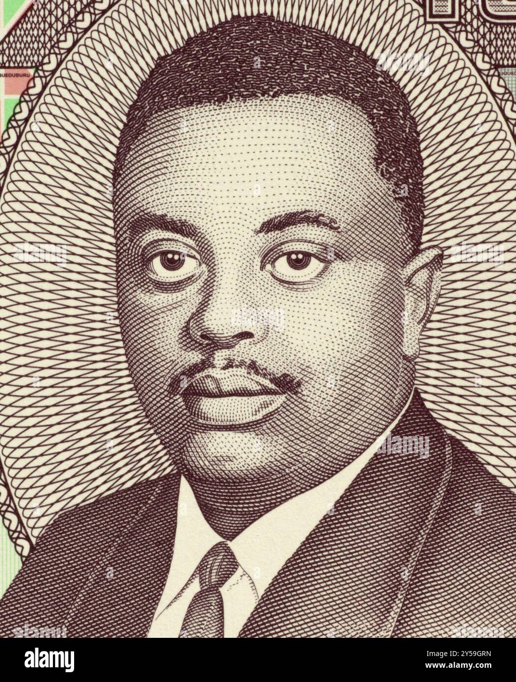 Prinz Louis Rwagasore (1932-1961) auf 100-Francs-2010-Banknote aus Burundi. Burundis Nationalheld und Unabhängigkeitsheld Stockfoto