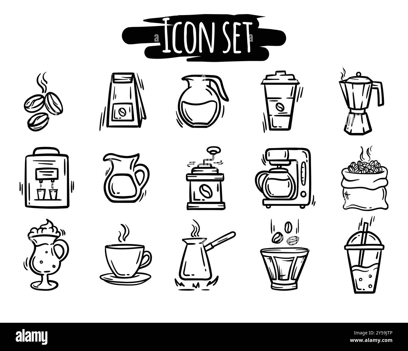 Einfache Schwarzweiß-Symbole für verschiedene Kaffeesorten, Zubehör für die Zubereitung von Latte und Cappuccino Stock Vektor