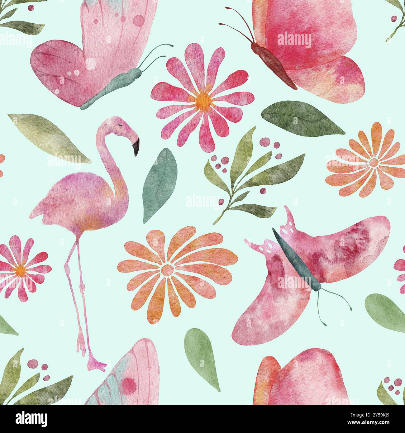 Nahtlose Aquarellmuster Illustration mit Schmetterlingen, Flamingos, Blumen und Blättern auf türkisfarbenem Hintergrund Stockfoto