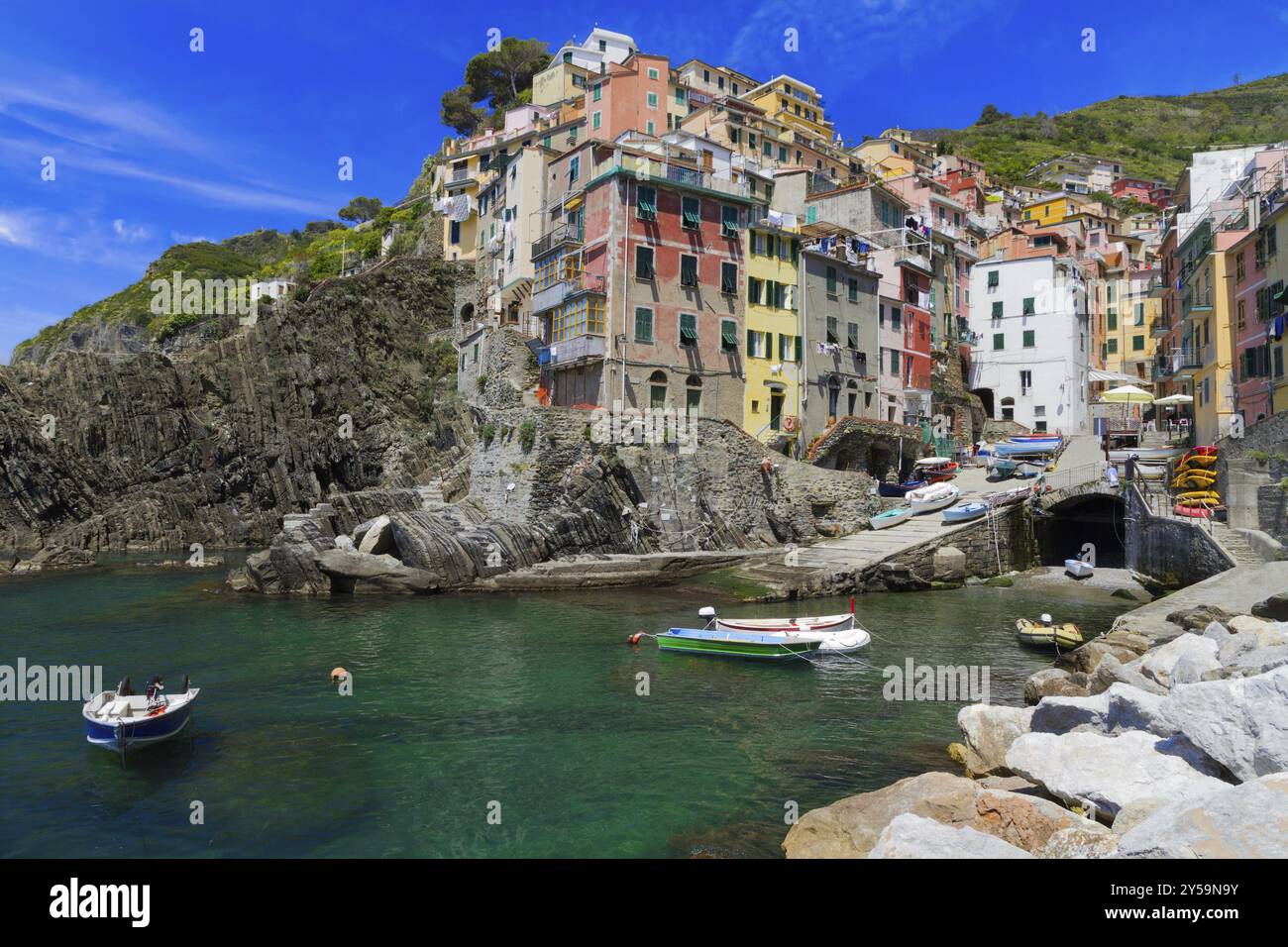 Hafen von Riomaggiore, Cinque Terre, Italien, Europa Stockfoto