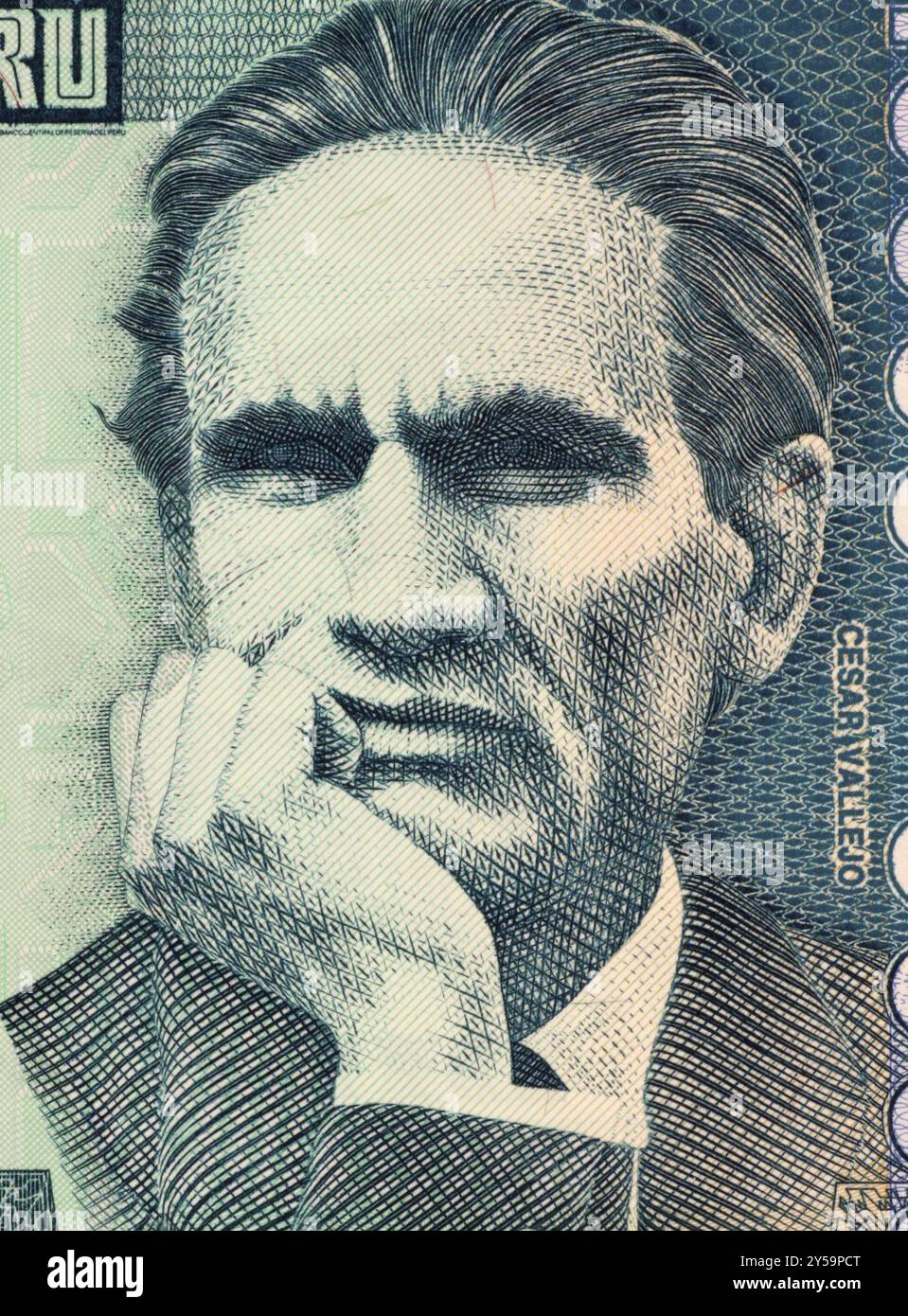 Cesar Vallejo auf 10000 Indis 1988 Banknote aus Peru. Berühmter peruanischer Dichter Stockfoto