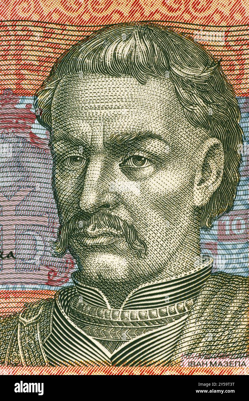 Ivan Mazepa (1639-1709) auf 10-Hryven-2006-Banknote aus der Ukraine. Kosaken Hetman vom Hetmanat in der linken Uferukraine und Prinz des Heiligen Römischen Kaisers Stockfoto