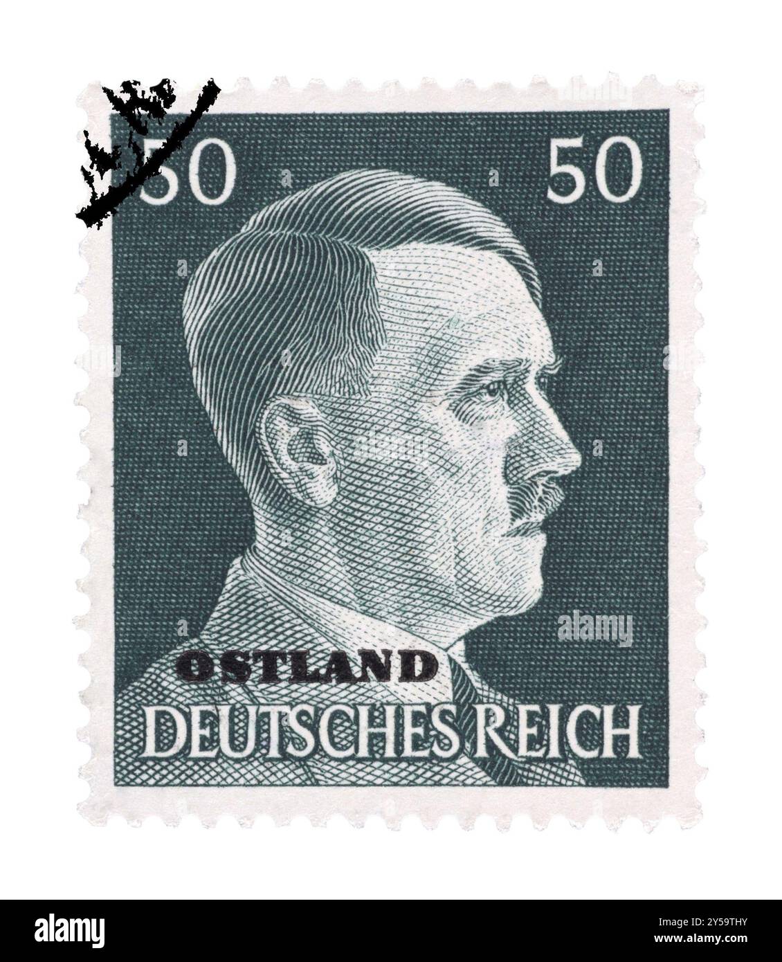 Adolf Hitler auf deutscher Marke von 1942 isoliert in weiß Stockfoto