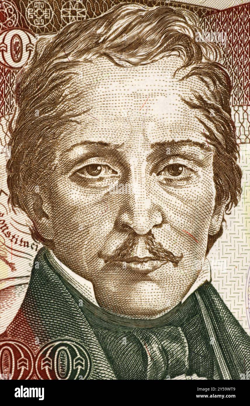 Francisco de Paula Santander (1792-1840) auf 500 Pesos-Oro-1993-Banknote aus Kolumbien. Kolumbiens militärischer und politischer Führer während des Inde-Krieges Stockfoto