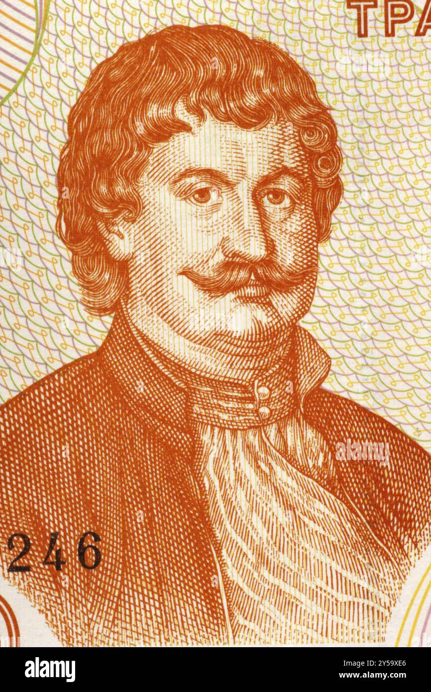 Rigas Feraios (1757-1798) auf 200 Drachmes 1996-Banknote aus Griechenland. Griechischer Schriftsteller und Vorläufer des griechischen Unabhängigkeitskrieges Stockfoto