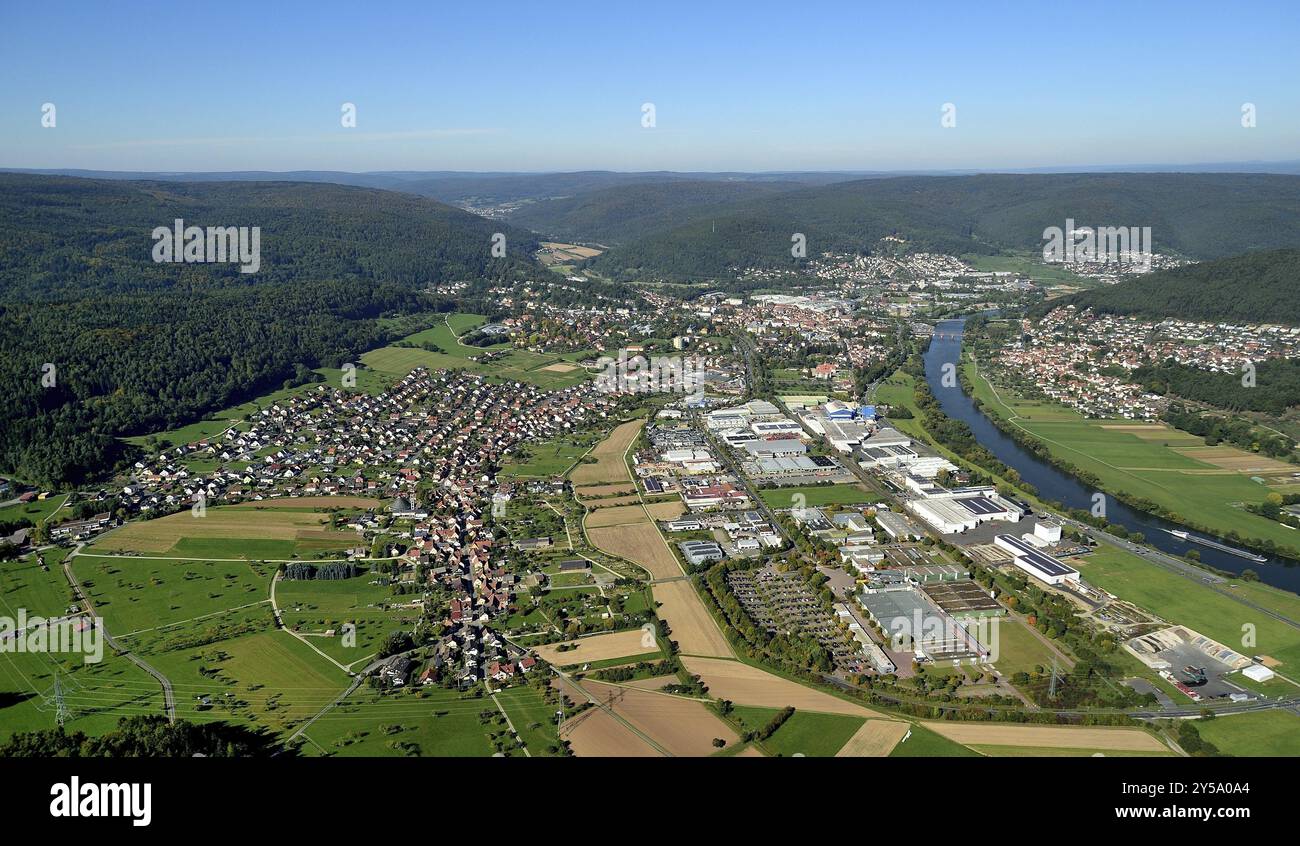 Lohr am Main mit seinen Ortsteilen Wombach, Sendelbach, Sackenbach und dem Gewerbegebiet Lohr Sued Stockfoto