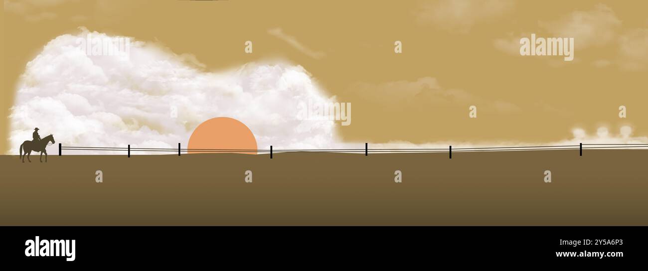Eine Wolkenbildung in Form einer Gitarre und eine untergehende Sonne werden mit einem Cowboy auf einem Pferd gesehen, der die Szene beobachtet. Dies ist eine 3D-Illustration über Cou Stockfoto