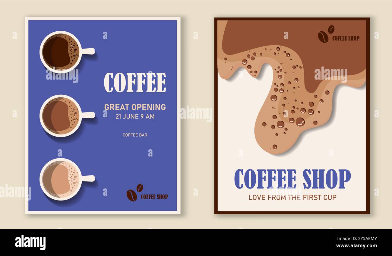 Poster-Set in der Café-Bar. Aroma und Getränk. Tassen mit heißen Getränken. Cappuccino und Mochaccino, Americano und Latte. Espresso und Mokka. Flacher Vektor Stock Vektor