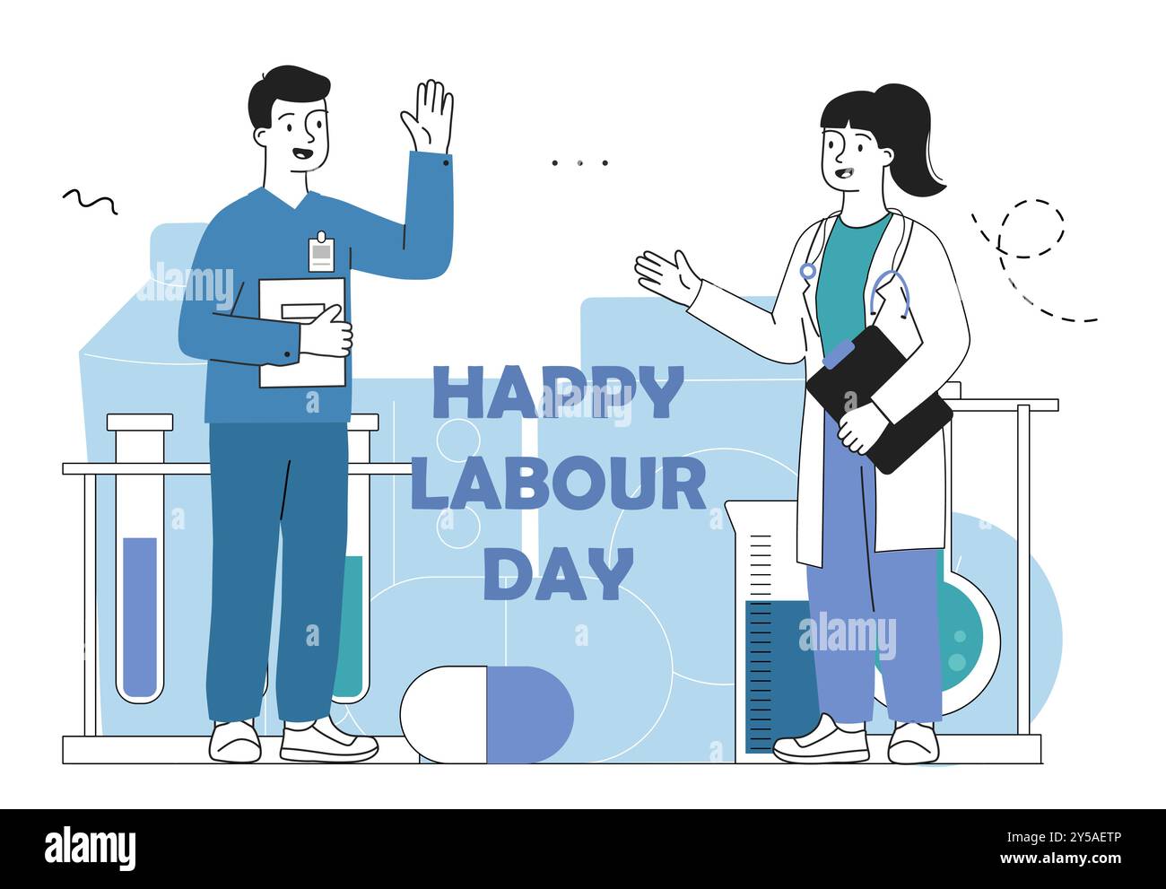 Guten Tag der Arbeit. Mann und Frau in medizinischer Uniform in der Nähe von Pillen und Chemikalienkolben mit Reagenzien. Internationaler Feiertag und Festival 1. Mai. Linear Stock Vektor