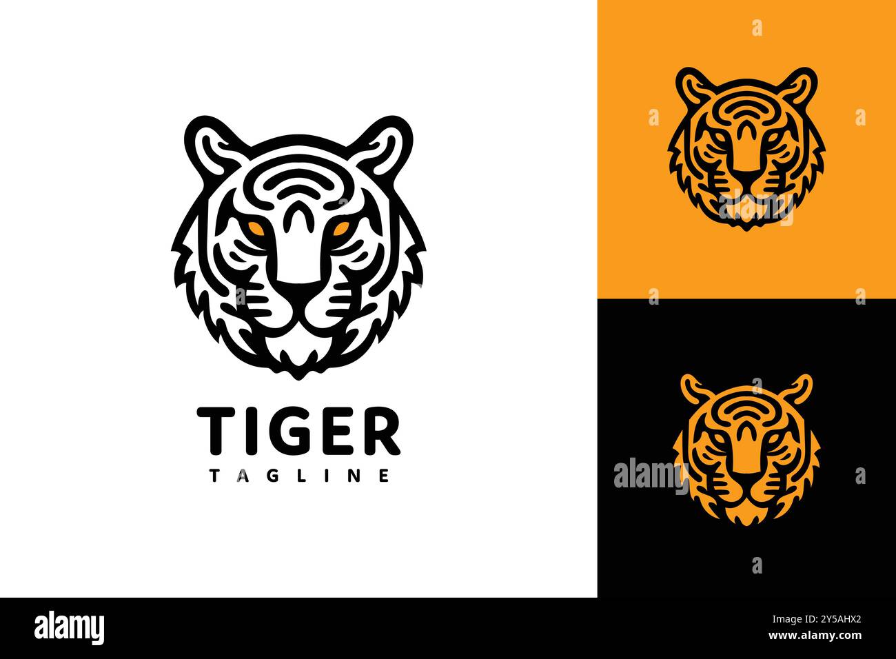 Line Art Tigerkopf-Logo mit dicken schwarzen Linien und orangefarbenen Augen, das seine Stärke und Wildheit zum Ausdruck bringt Stock Vektor