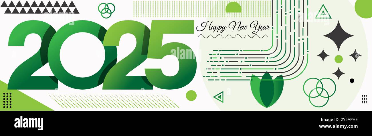 Stilvoller Neujahrsgruß 2025 mit modernen geometrischen Designelementen. Ideal für festliche Dekorationen, Karten und digitale Grüße. Frohes Neues Jahr 2025 Stock Vektor