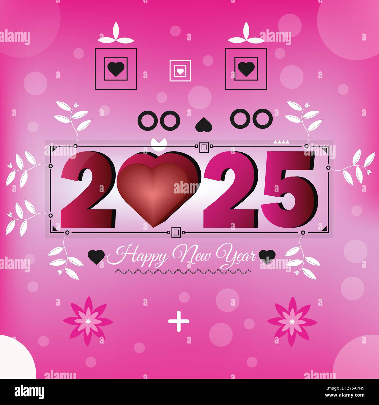 Happy New Year 2025 Celebration. Festliches rosafarbenes Silvester 2025-Motiv mit Herzmotiv, ideal für Weihnachtsfeiern und fröhliche Veranstaltungen. Stock Vektor