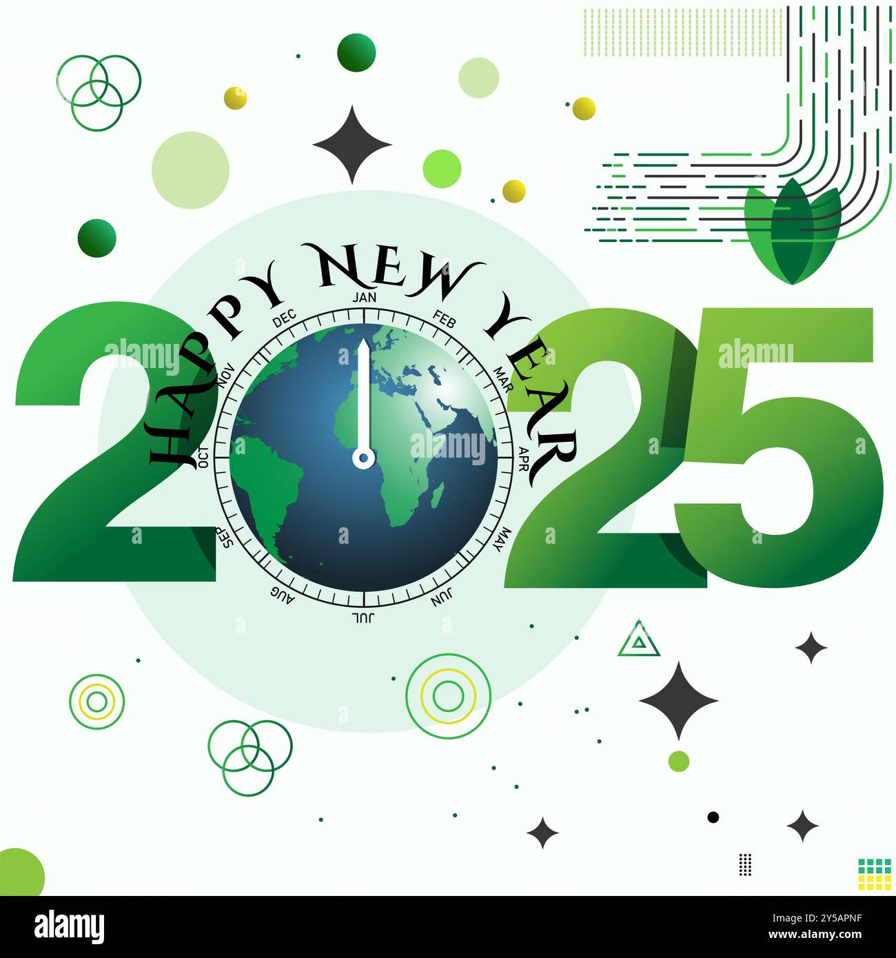 Happy New Year 2025 Celebration mit Earth Design. Ein grünes Happy New Year 2025-fest mit der Erde, das Erneuerung und globale Einheit symbolisiert Stock Vektor