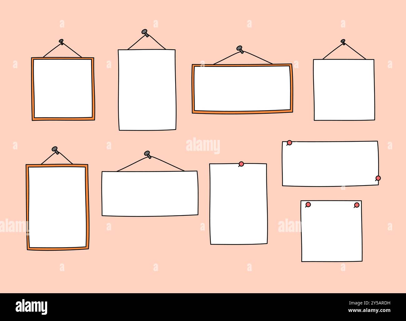 Rahmen, Vektorsatz für gepinnte Notizen. Leere Papierbögen hängen an Seilen und Nägeln. Platzhalter isolierte Designelemente im niedlichen handgezeichneten Doodle-Stil Stock Vektor