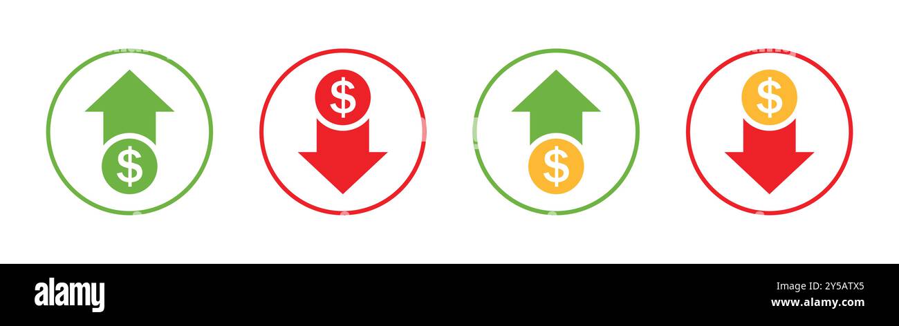 Vektorsymbol für den Dollar-Preis nach oben und unten in flacher oder Linie. Dollar-Münzdiagramm auf und ab. Geldkosten Pfeilwachstum, Rückgang. Währungsinvestition. Stock Vektor