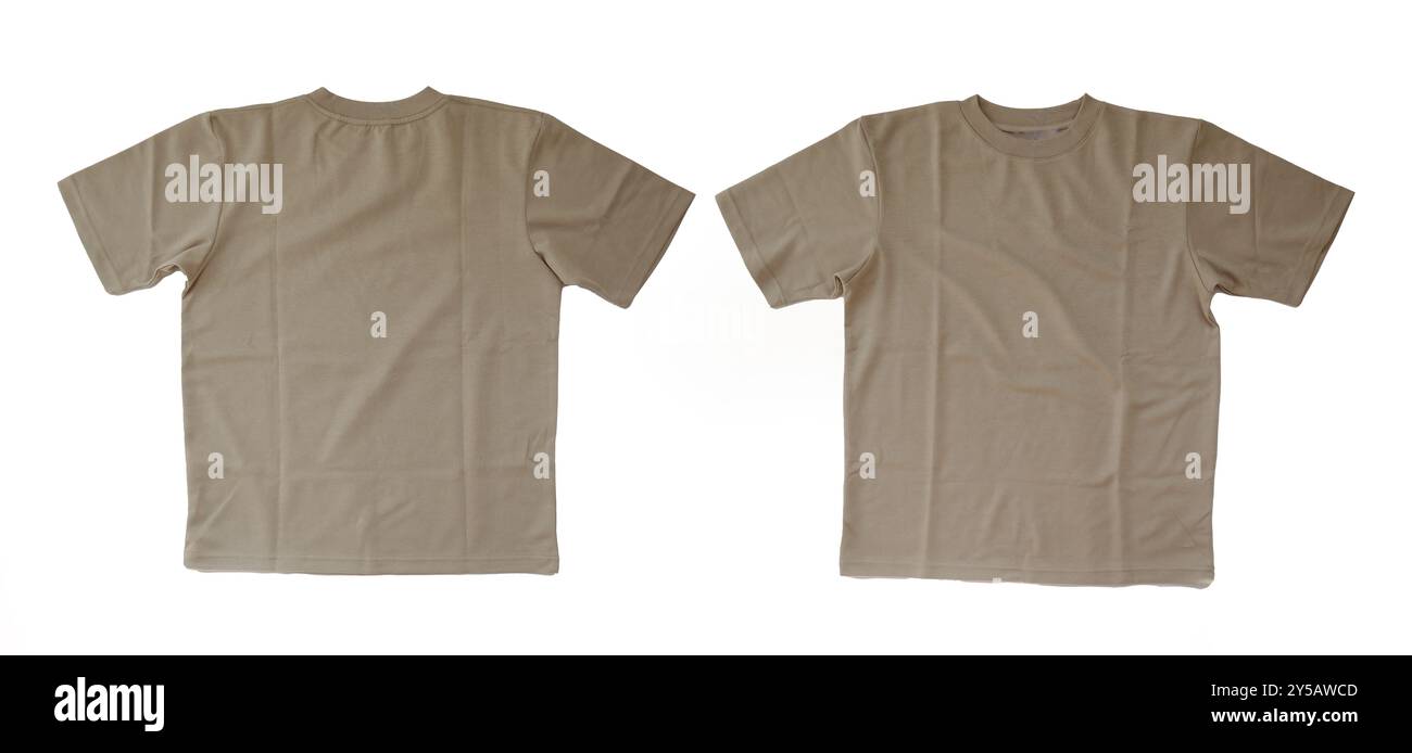 Modell eines einfarbigen, beigefarbenen T-Shirts, Vorder- und Rückansicht. Leeres Canvas-T-Shirt, das mit einem Design oder einer Botschaft personalisiert werden kann. Stockfoto