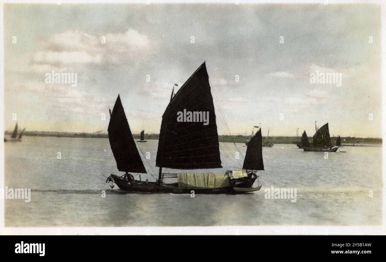 Traditionelle Segeljunks gleiten über ruhiges Wasser unter einem teilweise bewölkten Himmel und fangen die ruhige Schönheit des maritimen Lebens ein. Die Schiffe mit ihren charakteristischen dunklen Segeln bewegen sich anmutig, wahrscheinlich in einer ostasiatischen Küstenregion Stockfoto