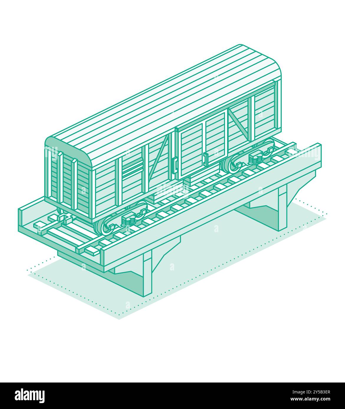 Isometrischer Güterzugwagen auf Brücke. Objekt auf weißem Hintergrund isoliert. Eisenbahn. Vektorabbildung. Wagen auf Schienen. Güterwagen. Stock Vektor