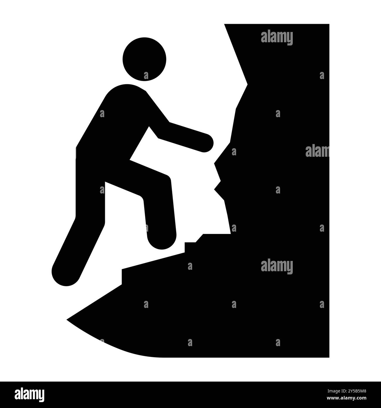 Eine minimalistische schwarze Silhouette einer Person, die auf eine felsige Klippe klettert, symbolisiert Abenteuer, Herausforderung und den Geist der Erkundung in der Natur. Stock Vektor