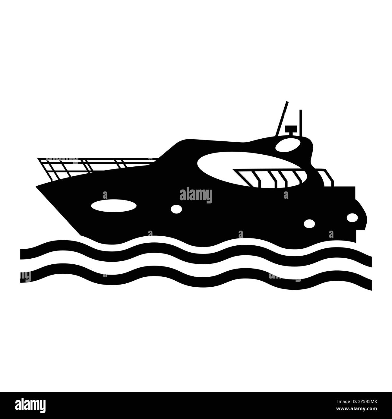 Die elegante schwarze Silhouette eines Bootes, das über sanfte Wellen gleitet, ist perfekt, um ein Gefühl von Abenteuer und Freizeit auf dem Wasser zu vermitteln. Ideal für den maritimen Einsatz Stock Vektor