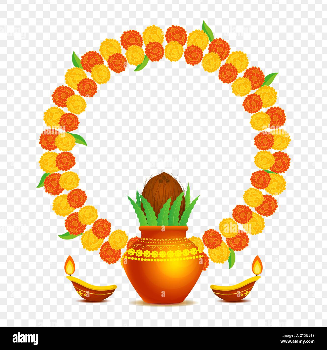 Kokos in einer kalash mit Diya und Blumenrahmen auf transparentem Hintergrund Stock Vektor