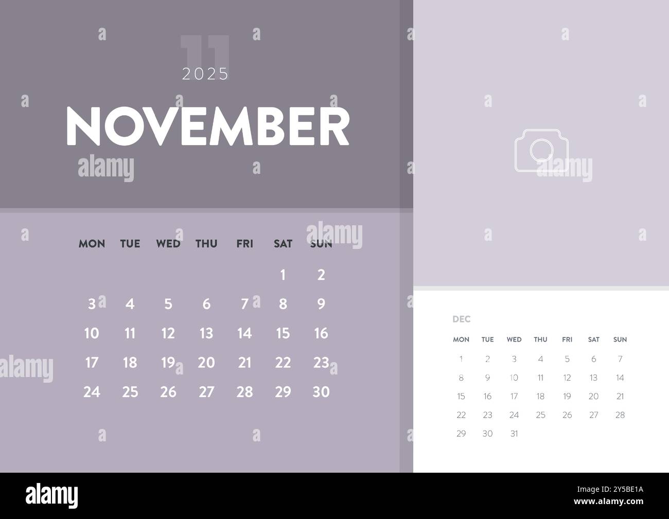 Kalender monatlich November 2025 Vorlagenvektor. Schreibtisch, Wandkalender zum Drucken, digitaler Kalender oder Planer. Woche beginnt am Montag. Jahresfeiertag kalen Stock Vektor