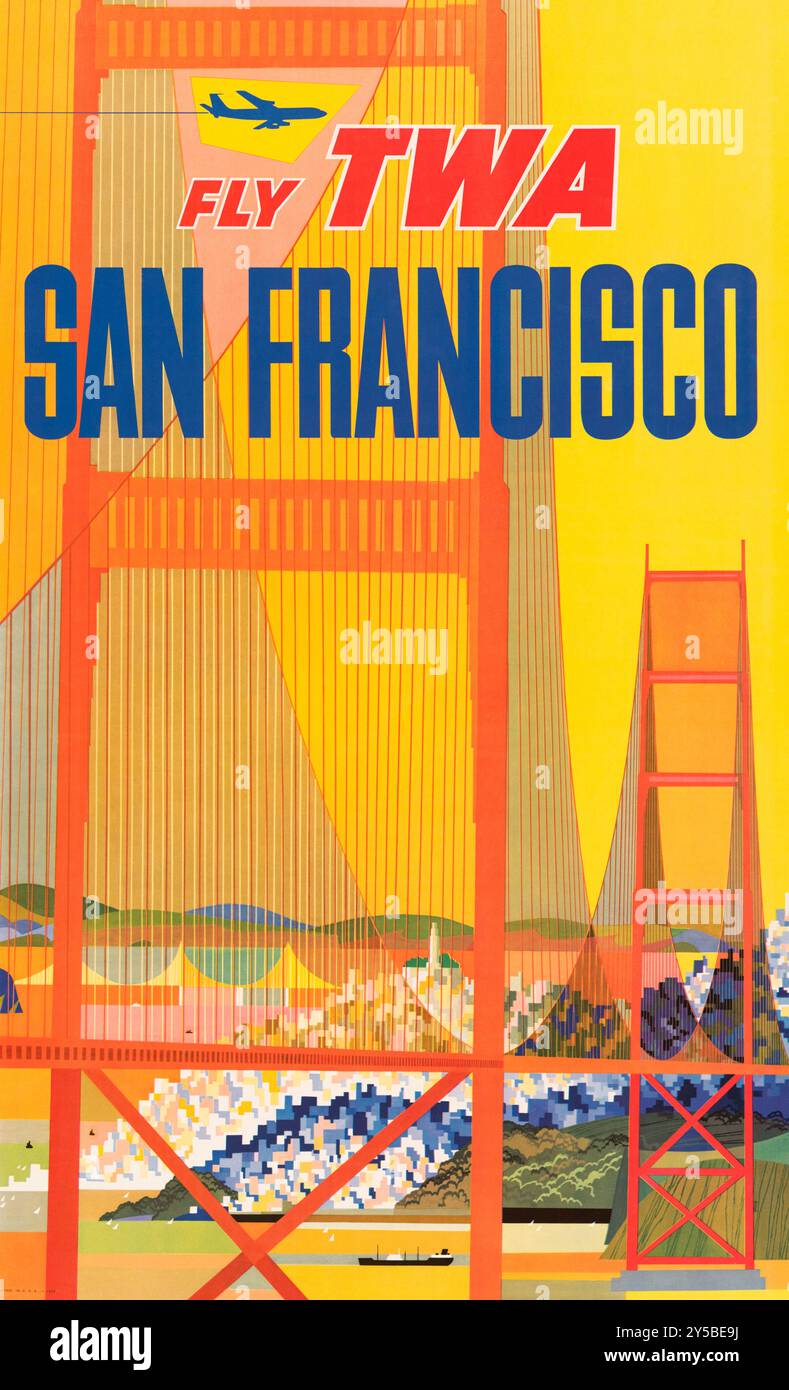 „Fly TWA - San Francisco“ von Trans World Airlines 1958 Tourism Poster mit der Golden Gate Bridge. Kunstwerk von David Klein (1918-2005). Stockfoto