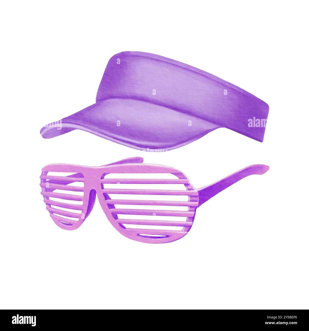 Trendige Shutter Brille im Stil der 80er, 90er Jahre und Sonnenblende in hellen, säurevioletten Farben für Mottopartys und Retro-Poster. Dreidimensionale Abbildung in Stockfoto