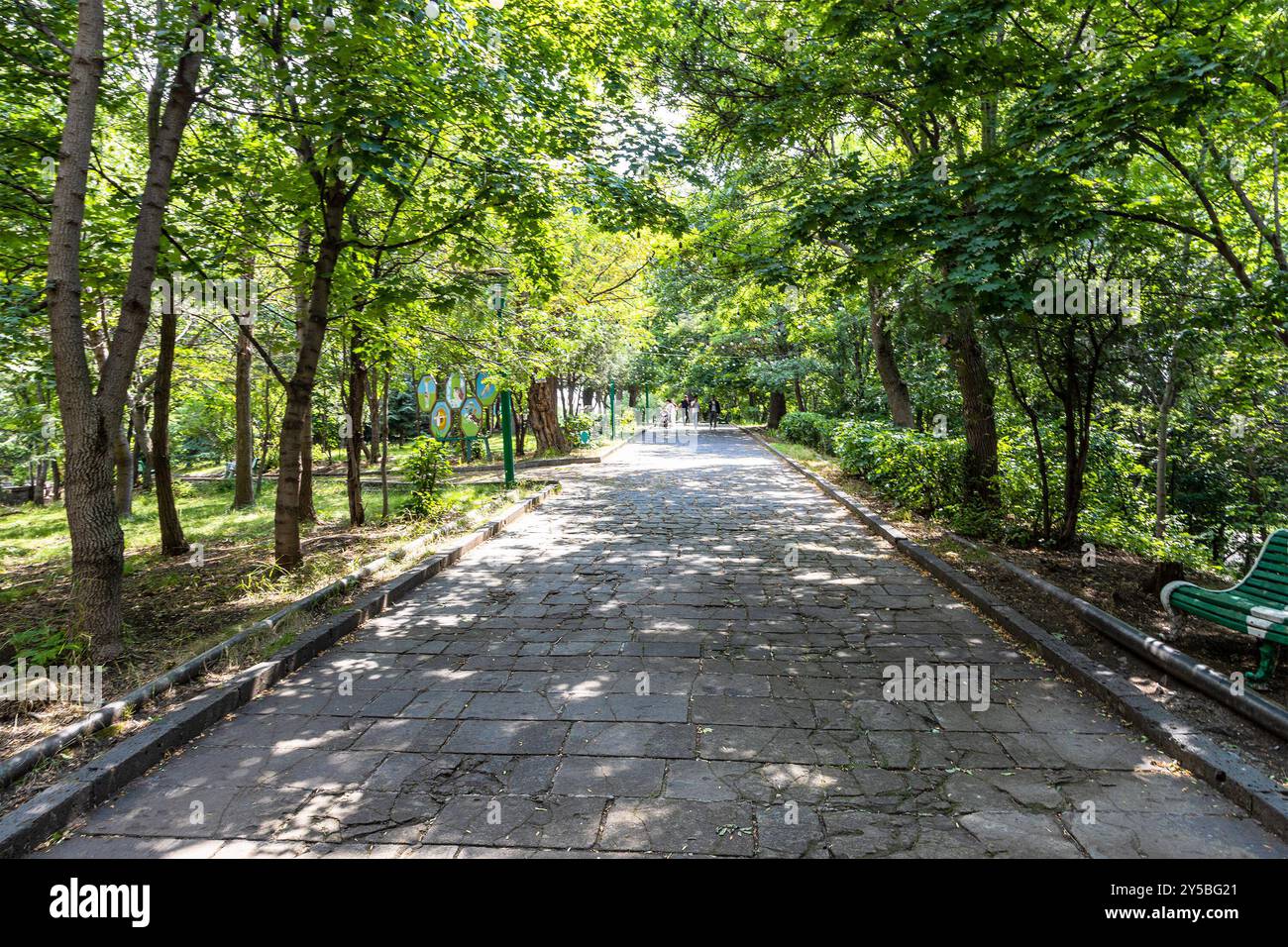 Gyumri, Armenien - 20. Juli 2024: Grüne Gasse im Central Gorki Park (Maxim Gorki Park) in Gyumri an sonnigen Sommertagen Stockfoto