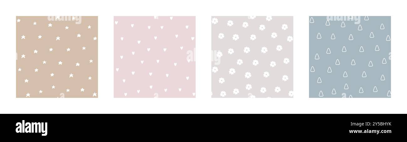 Böhmisches Babymuster. Set mit Boho-Muster für Kinder mit Sternen, Herzen und Blumen. Geschlechtsneutrale Kinderstube Niedliche Ornamente. Vektorabbildung in flach Stock Vektor