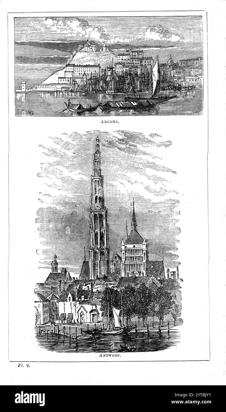 Plate 9 - Ancona, Antwerpen - BEETONS WÖRTERBUCH DER GEOGRAPHIE. A Universal Gazetteer, veröffentlicht von London Ward, Lock and Tyler 1868 Stockfoto
