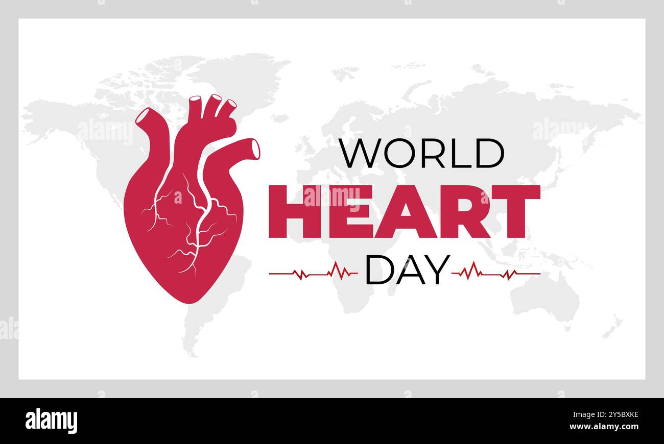 World Heart Day Design mit menschlicher Herzform, Herzschlagzeichen und Weltkartenhintergrund. Stock Vektor