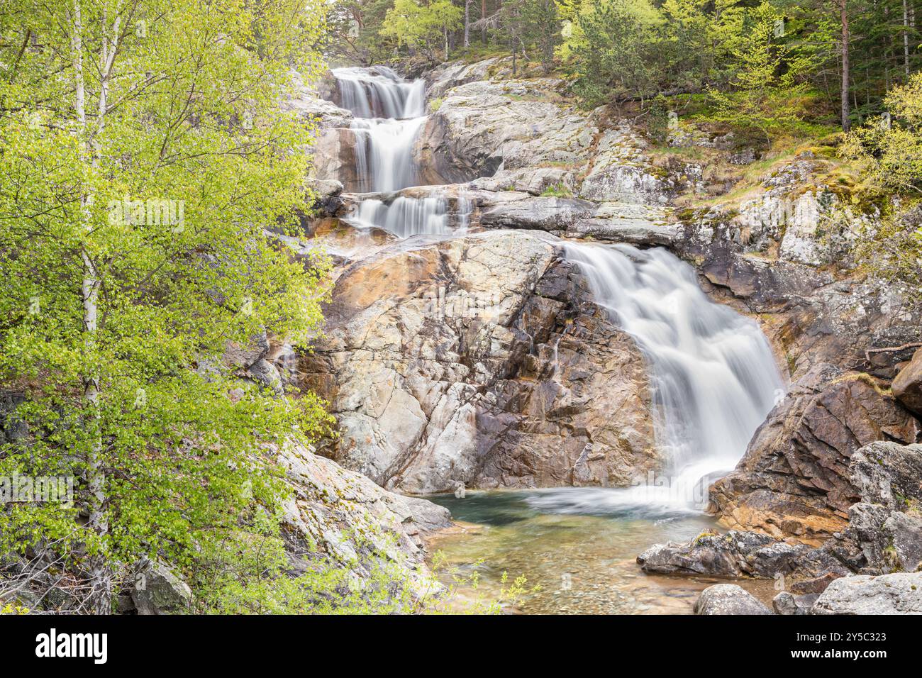 Wasserfälle von Sant Esperit, Boi-Tal, Nationalpark von Aiguestortes und Estany de Sant Maurici, Lleida, Spanien Stockfoto