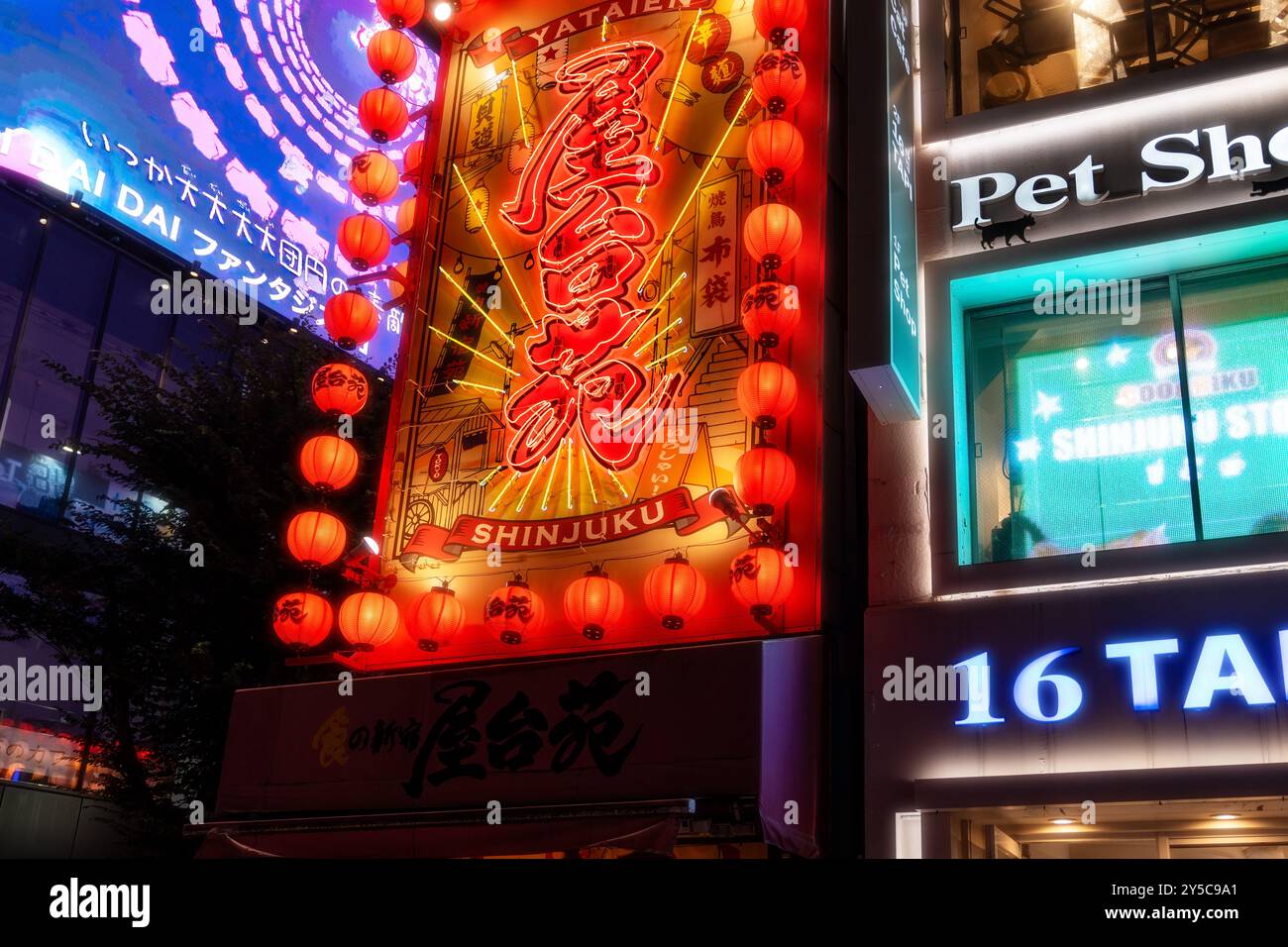 Tokio, Japan-5. august 2024: Bunte Neonschilder unter Shinjuku bei Nacht Stockfoto