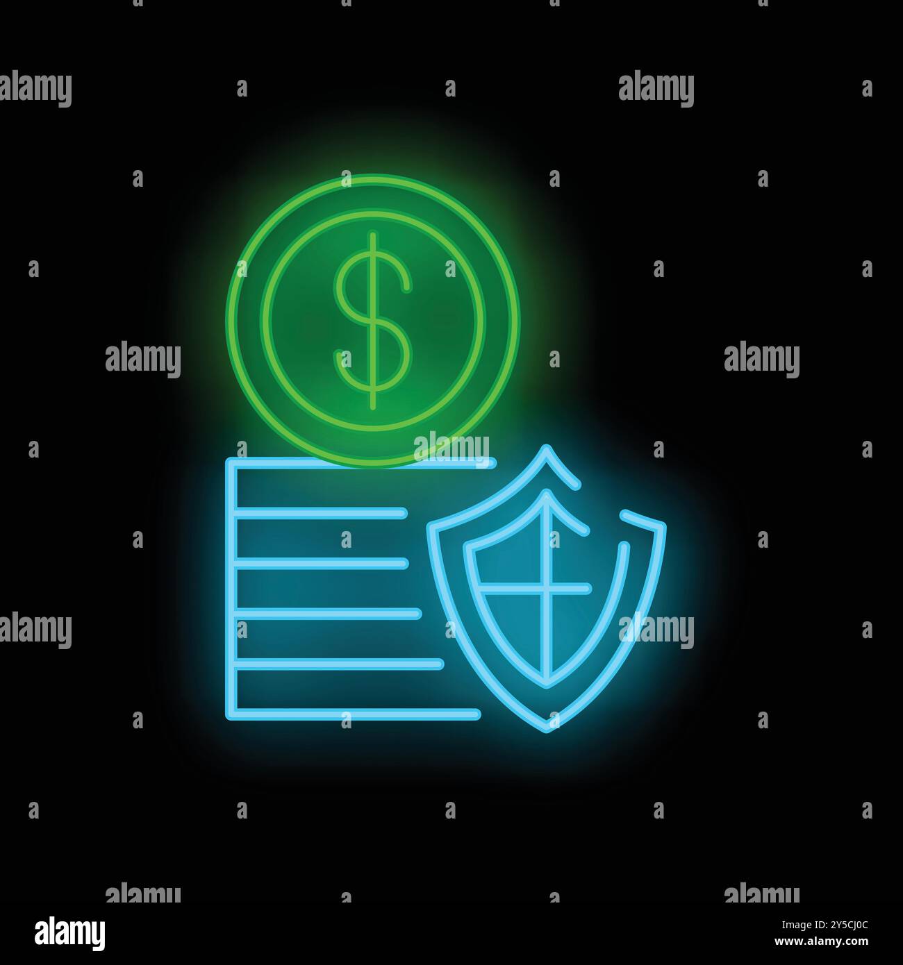 Neonschild, das ein Geldsicherheitskonzept mit einer Dollarmünze und einem Schild illustriert Stock Vektor