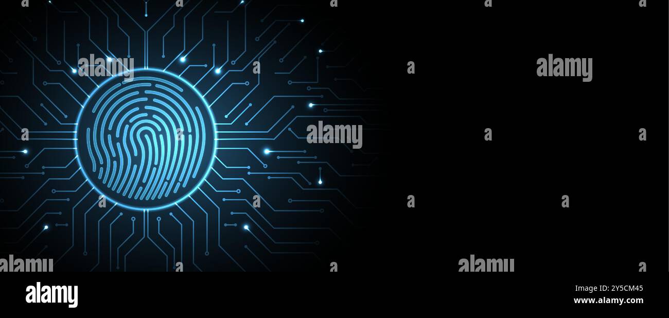 Die Grafik zeigt ein Fingerabdruckscanner-Symbol auf einem stilisierten Rasterhintergrund, das die biometrische Authentifizierung symbolisiert. Der Fingerabdruck ist scharf und klar Stock Vektor
