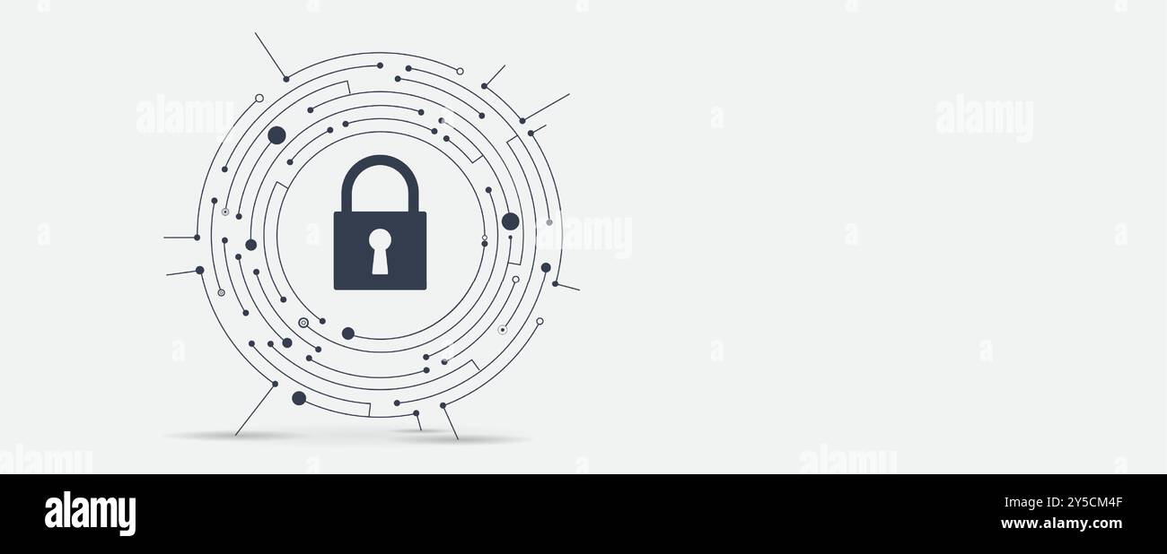 Die Abbildung zeigt ein zentrales Schild-Symbol, das über einem Raster von miteinander verbundenen Linien platziert ist und die Cybersicherheit darstellt. Die Abschirmung hebt sich von der ab Stock Vektor