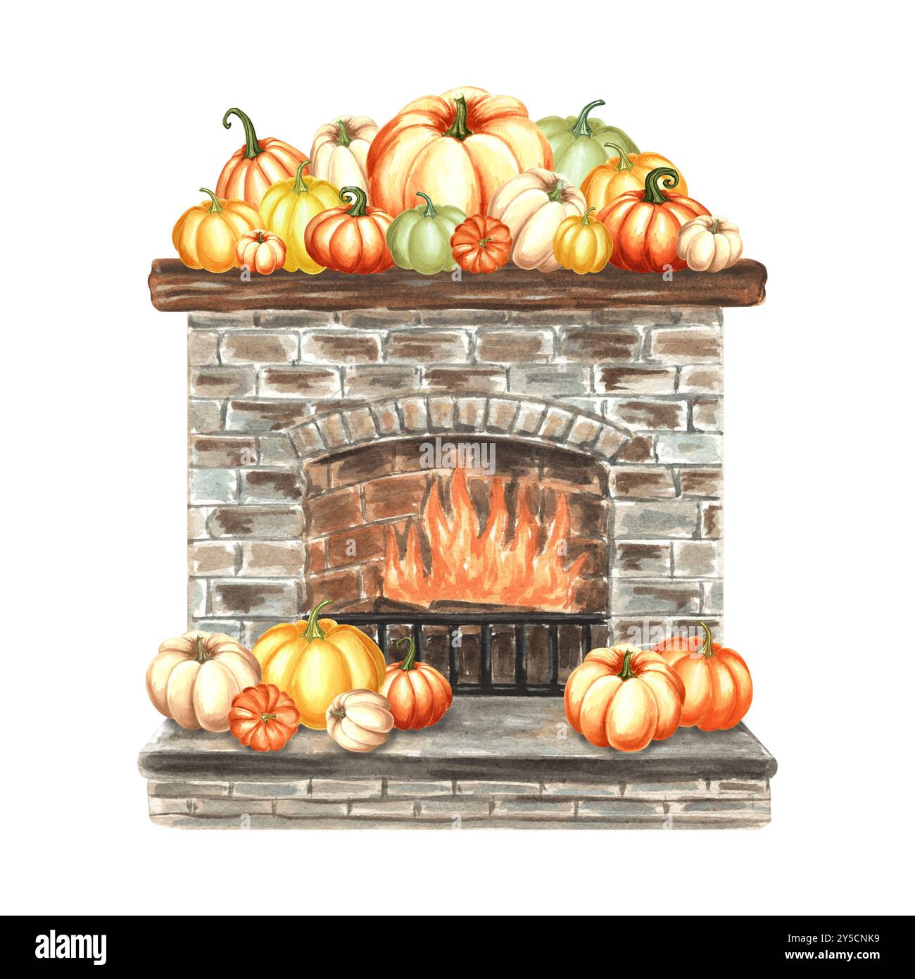 Brennender Kamin mit Kürbissen in verschiedenen Farben auf Holzregal. Handgezeichnete Aquarellillustration isoliert. Gemütliches Herbstdesign Stockfoto