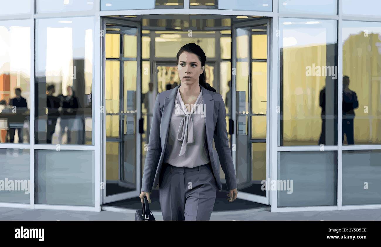 Eine junge Frau, professionell gekleidet, tritt am ersten Arbeitstag in das Büro ein, ihre Augen sind voller Ehrgeiz, Balance zwischen Selbstvertrauen und Nerven. Stock Vektor