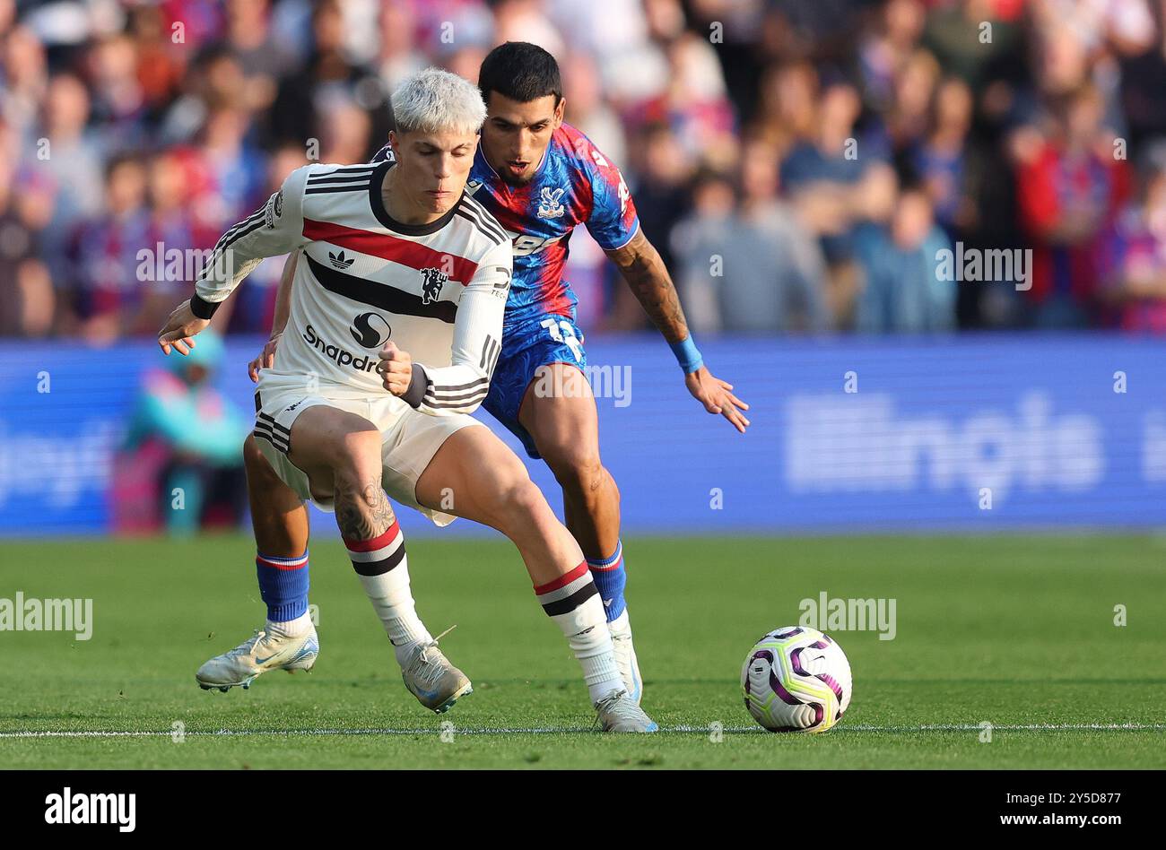 London, Großbritannien. September 2024. Alejandro Garnacho von Manchester United und Daniel Munoz von Crystal Palace fordern den Ball während des Premier League-Spiels im Selhurst Park, London. Der Bildnachweis sollte lauten: Paul Terry/Sportimage Credit: Sportimage Ltd/Alamy Live News Stockfoto