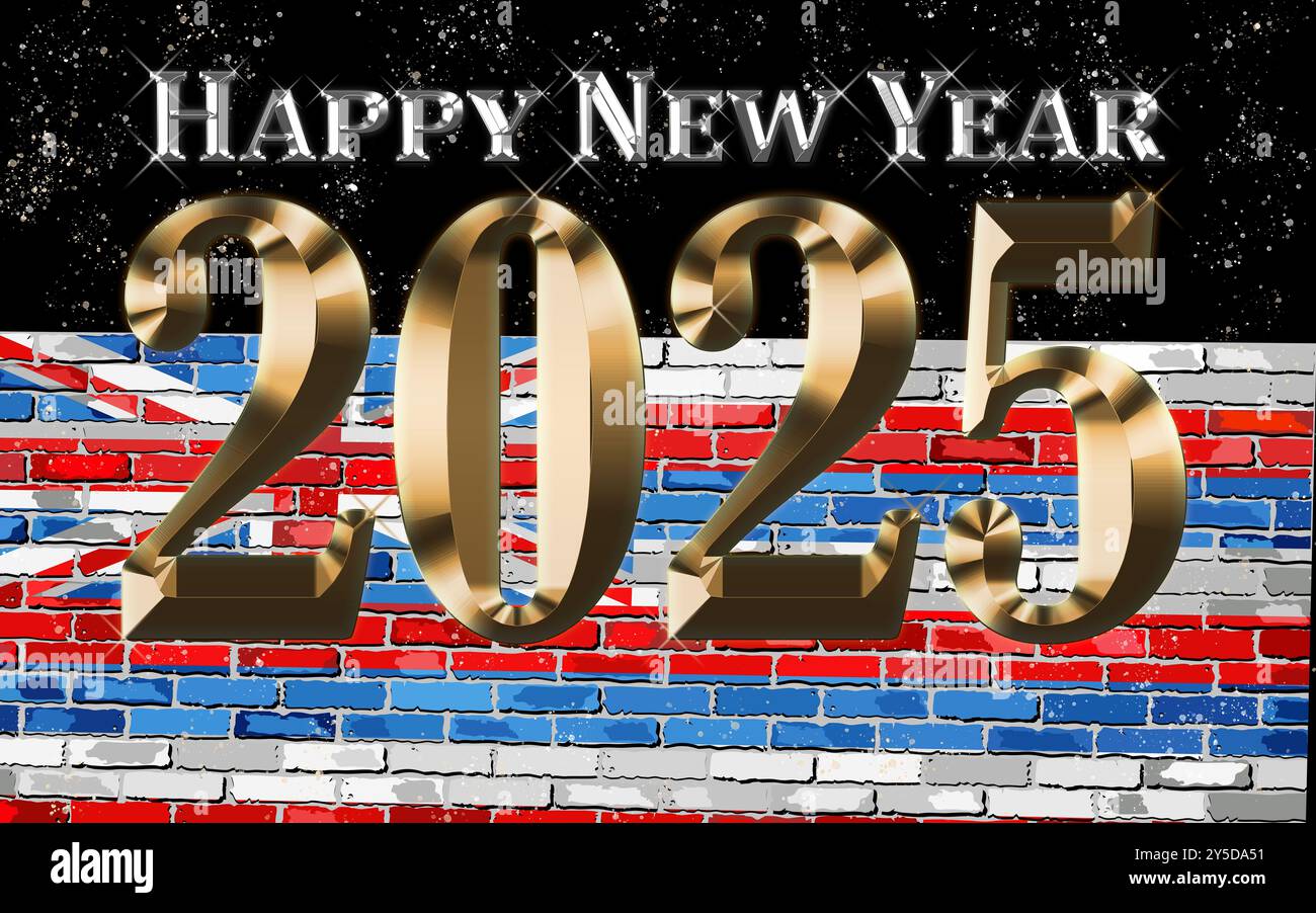 Happy New Year 2025 mit Hawaii Flagge - Illustration, 2025 HAPPY NEW YEAR ZAHLEN Stockfoto