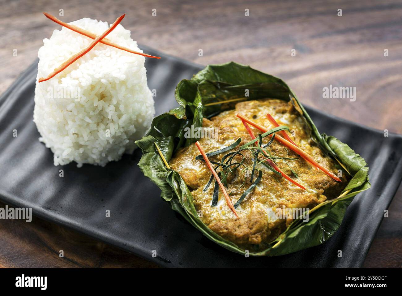 Traditionelles Kambodschanischen khmer Fisch Amok Curry Mahlzeit Stockfoto
