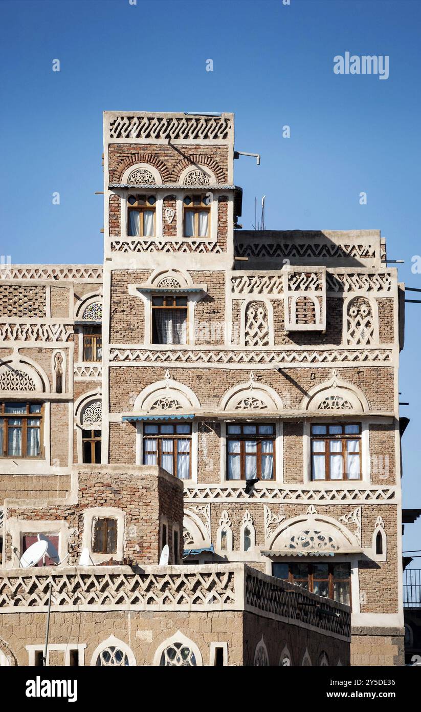 Sanaa Stadt Altstadt traditionelle Architektur Wahrzeichen Gebäude Blick im jemen Stockfoto
