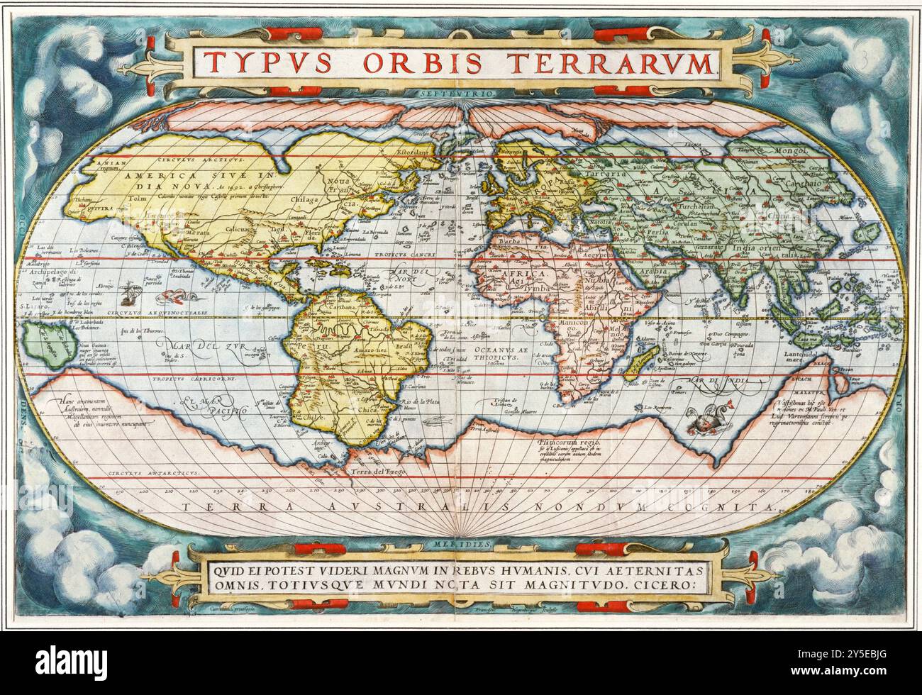 Karte der Welt, von 'Theatrum Orbis Terrarum' (Theater der ganzen Welt). Künstler: Abraham Ortelius, Gravur: Frans Hogenberg. Antwerpen. 1570. Stockfoto