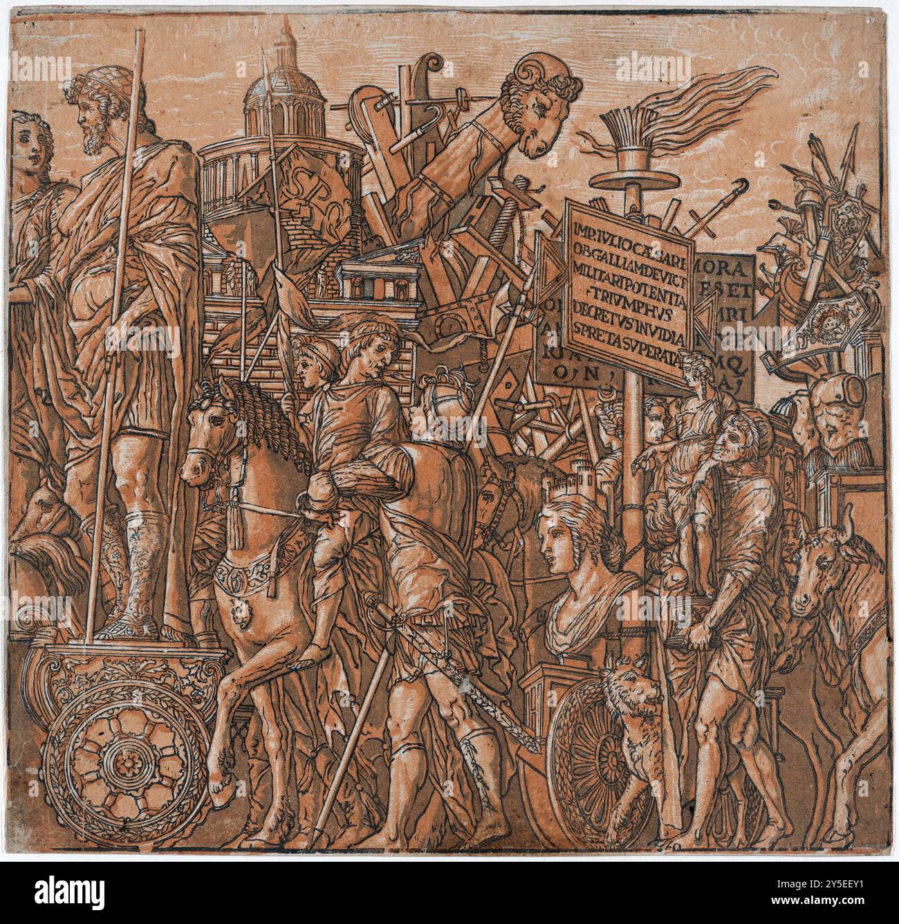 Figur auf einem Triumphwagen, umgeben von Figuren auf dem Pferd, aus dem Triumph von Julius Cäsar, Druck, Andrea Andreani, Zwischenzeichner Bernardo Malpizzi, nach Andrea Mantegna Stockfoto