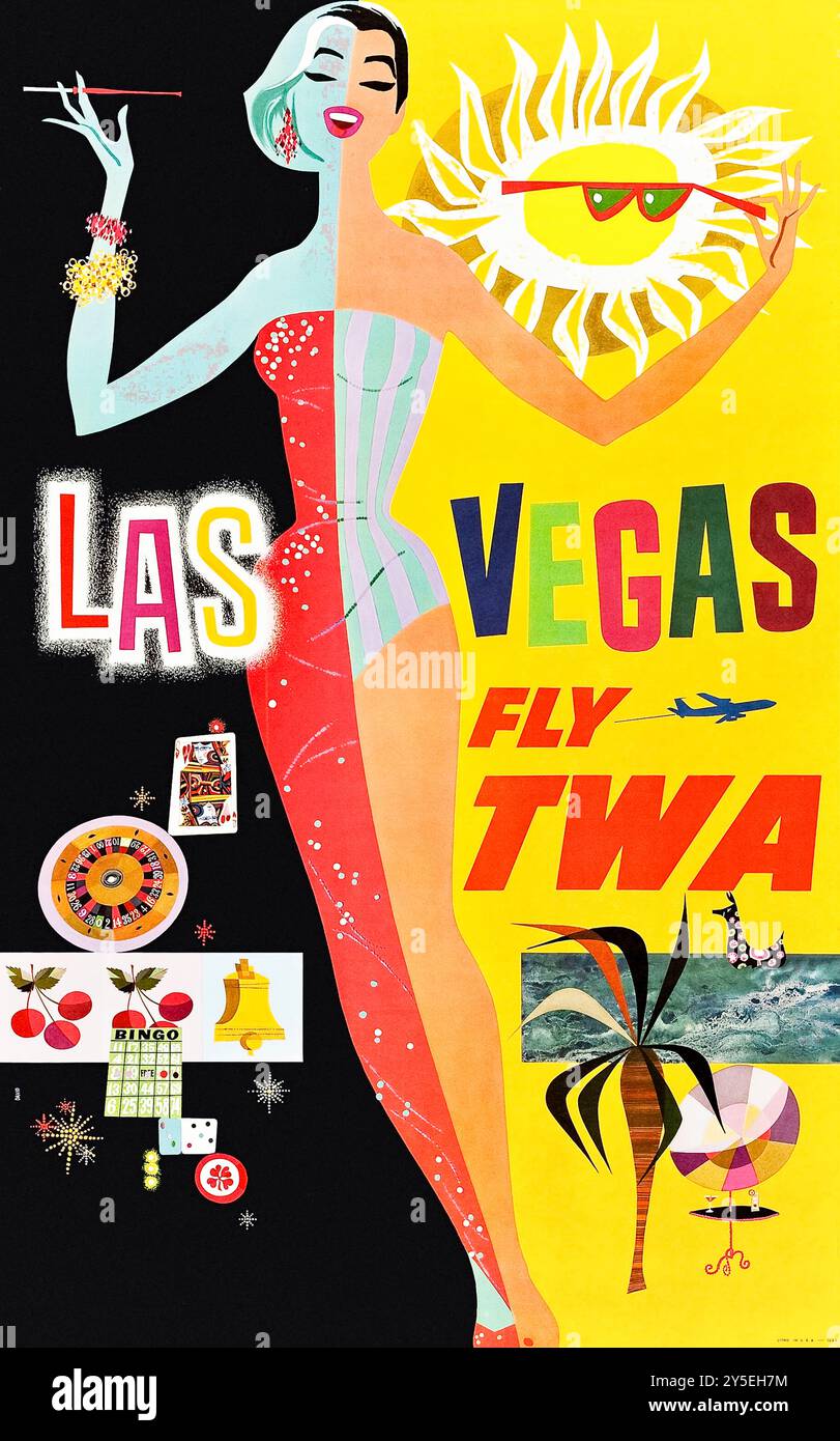 „Fly TWA - Las Vegas“ von Trans World Airlines 1963 Tourismusplakat, das Reisende einlädt, die glamouröse Wüstenstadt zu besuchen und das Nachtleben, die Kasinos, die Unterhaltung und die Sonne zu genießen. Kunstwerk von David Klein (1918-2005). Kredit: Privatsammlung / AF Fotografie Stockfoto